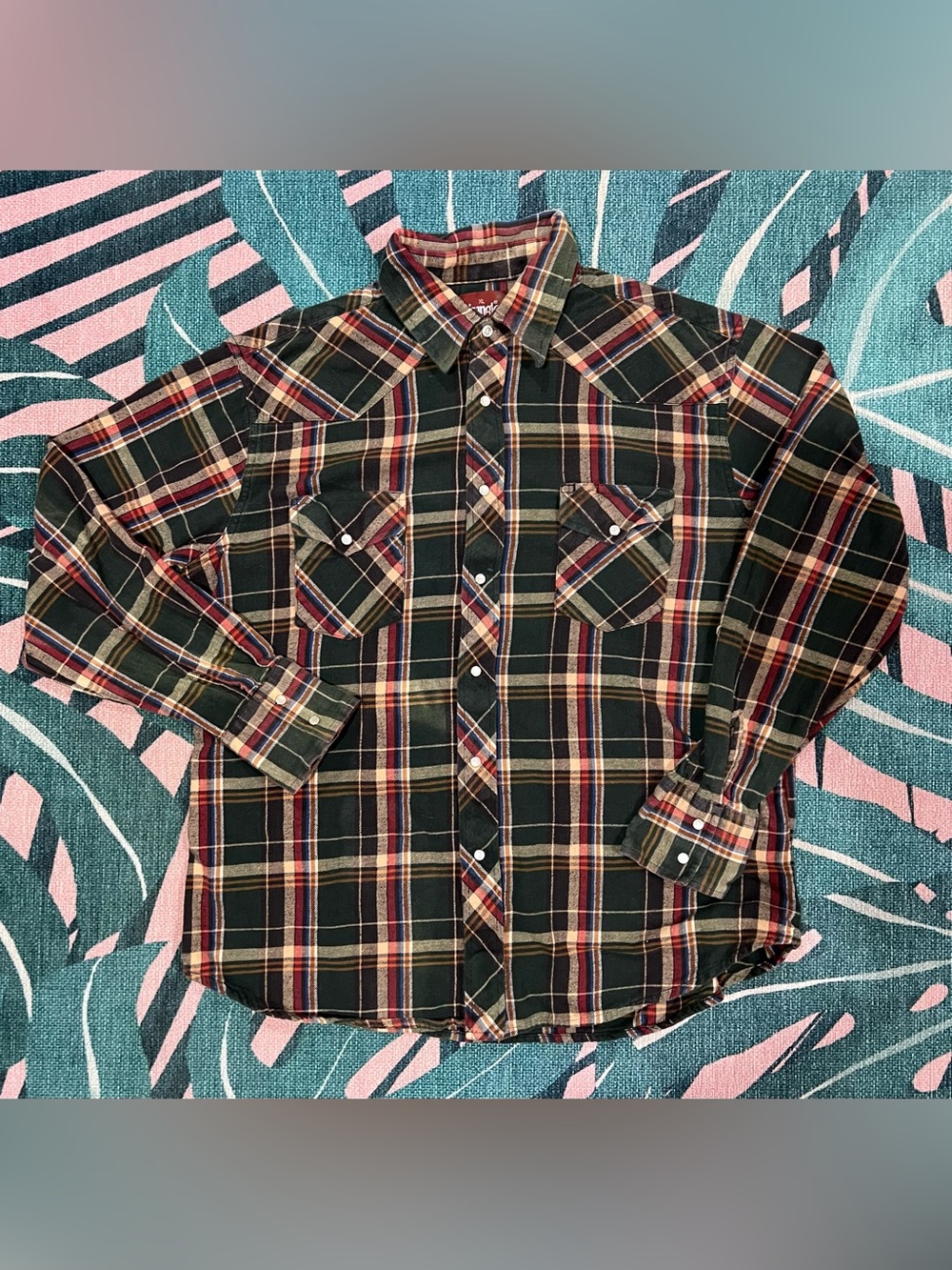 Vintage Wrangler Plaid Flannel Pearl Snap Button Up Shirt